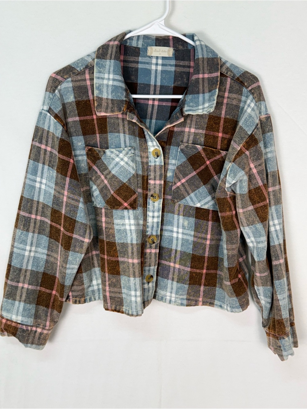 Altar'd State Plaid Button-Front Shirt Jacket in Brown, Blue & Pink